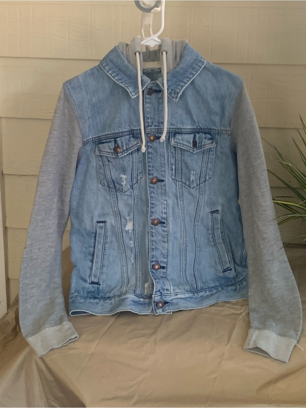 Abercrombie & Fitch Light Blue Denim Jacket with Gray Hooded Sleeves - Kids